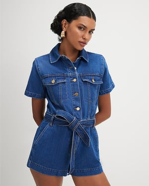 River Island Womens Playsuit Blue Denim Short Sleeve Collared Button