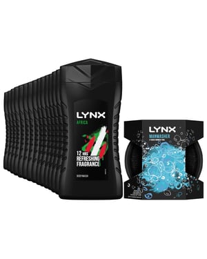 Lynx Africa Shower Gel 15x50ml with 2-Sided Manwasher Shower Tool for Men