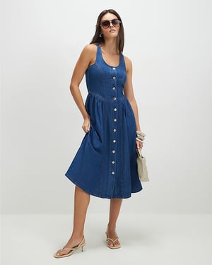 River Island Womens Midi Dress Blue Denim Button Front Sleeveless