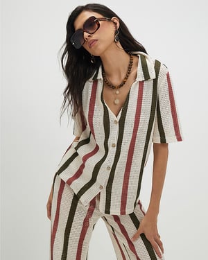 River Island Womens Shirt Cream Crochet Stripe Short Sleeve