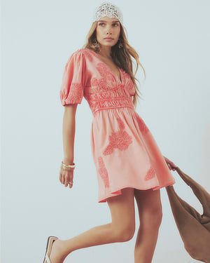River Island Womens Mini Dress Pink Cotton Short Puff Sleeve Cornelli
