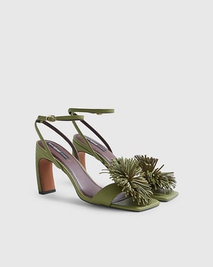 River Island Womens Heeled Sandal Green RI Studio Leather Pom Buckle