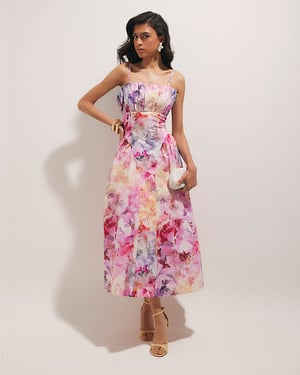 River Island Womens Midi Dress Pink Cotton Floral Print Netted Skirt