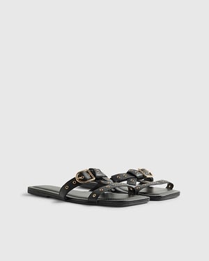 River Island Womens T-Bar Sandals Black Leather Buckle Square