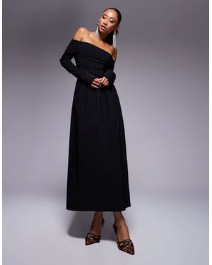 ASOS DESIGN bengaline long sleeve bardot midi dress in black