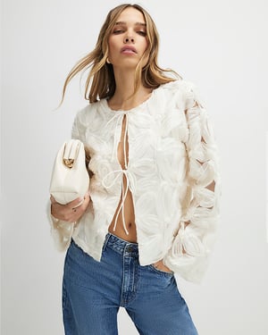 River Island Womens Jacket Cream Long Sleeve 3D Floral Round Neck