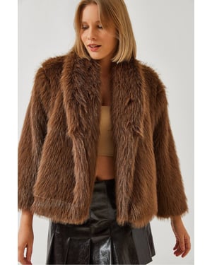 Faux Fur Kort Öppen Krage Kappa