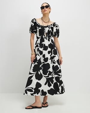 River Island Womens Midi Dress White Monochrome Floral Round Neck