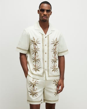 River Island Mens Shirt Cream Palm Tree Embroidered Short Sleeve