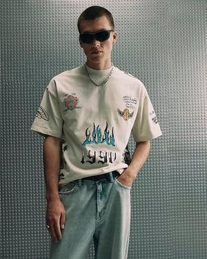 River Island Mens T-Shirt Beige Oversized Cotton Graffiti Print
