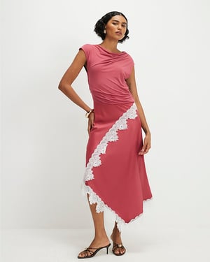 River Island Womens Maxi Dress Pink Lace Hybrid Drape Short Sleeve