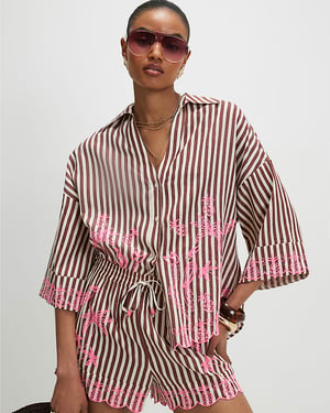 River Island Womens Shirt Brown Cotton Blend Stripe Toucan