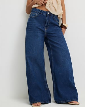 River Island Womens Wide Leg Jeans Petite Navy High Waisted Soft