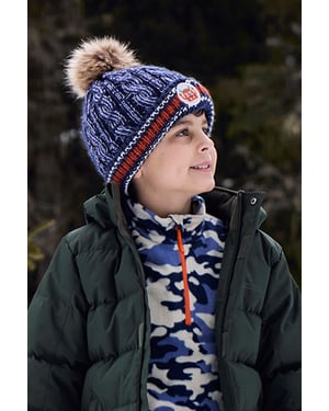 Badged Kids Pom Pom Beanie Faux Fur Warm Cosy Winter Hat Navy