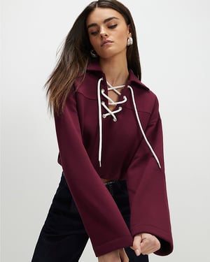 River Island Womens Sweatshirt Red Lace Up Elasticated Collared