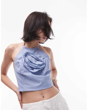 Topshop micro check corsage halter top in blue