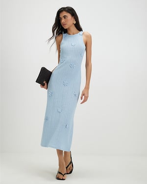 River Island Womens Midi Dress Blue Sleeveless 3D Flower Round Neck