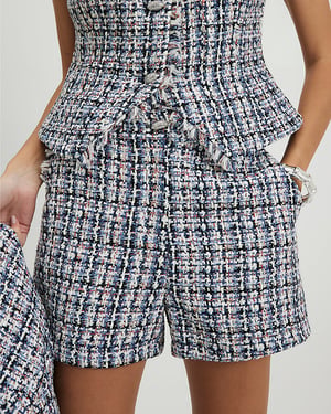 River Island Womens Shorts Blue Boucle Fringed Trim Zip