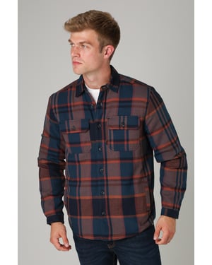 Dark Navy Cotton Checked Long Sleeve Shirt With Sherpa Lining