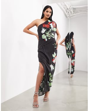 ASOS EDITION – Mörkgrå, blommig, broderad, draperad maxiklänning med en axel och slits