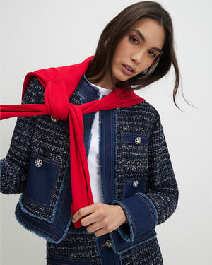 River Island Womens Denim Jacket Blue Boucle Fabric Collarless