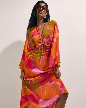 River Island Womens Kaftan Dress Pink Leaf Print Long Sleeve V-Neck