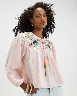 River Island Womens Blouse Pink Tropical Embroidered Notch Smock