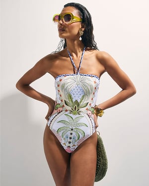River Island Womens Swimsuit Blue Print Bandeau Halter Neck
