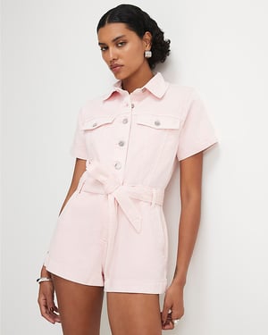 River Island Womens Playsuit Pink Denim Short Sleeve Collared Button