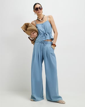 River Island Womens Wide Leg Trousers Blue Denim Look Drawstring