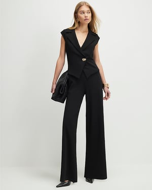 River Island Womens Jumpsuit Black Cap Sleeve Wide Leg V-Neck
