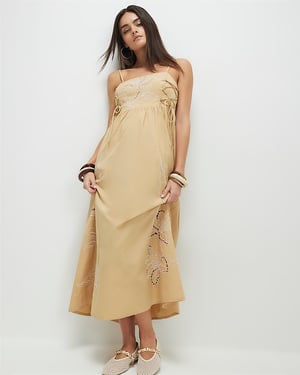 River Island Womens Midi Dress Beige Cotton Broderie Tie Side