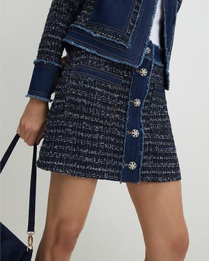 River Island Womens A-Line Mini Skirt Blue Boucle Fabric Button Denim