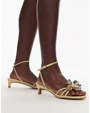 Topshop Inaya kitten heel strappy sandal with gold flower in yellow