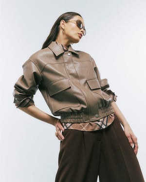 River Island Womens Bomber Jacket Beige Textured Faux Leather