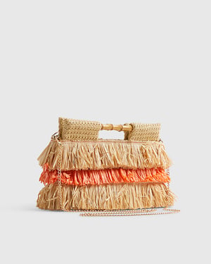 River Island Womens Clutch Bag Orange Stripe Raffia Handle Popper