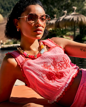 River Island Womens Shell Trim Top Pink Crochet Cropped Embroidered