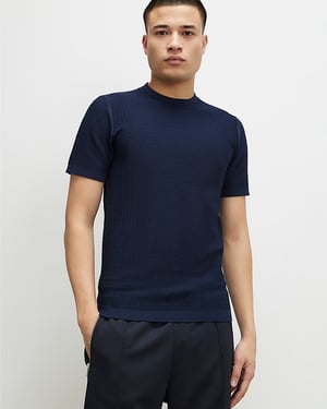 River Island Mens T-Shirt Navy Muscle Fit Zig Zag Textured