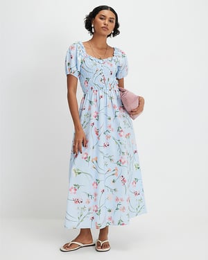 River Island Womens Midi Dress Blue Cotton Floral Shirred Short Sleeve