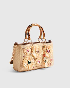 River Island Womens Tote Bag Beige Raffia Gem Flower Popper