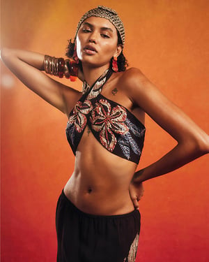 River Island Womens Crop Top Black Beaded Halter Terry De Havilland