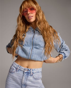 River Island Womens Bomber Jacket Blue Gathered Denim Collared