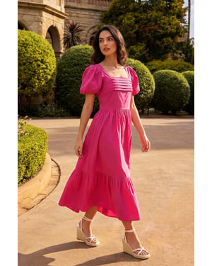 Dusk Cotton Pleated Puff Midi Dress