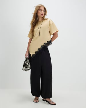 River Island Womens T-Shirt Beige Asymmetric Lace Satin