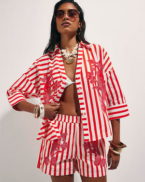 River Island Womens Shirt Red Cotton Stripe Beaded Floral
