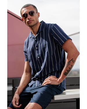 Navy Striped Revere Collar Shirt