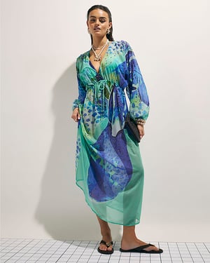 River Island Womens Maxi Beach Tunic Dress Blue Floral Print V-Neck