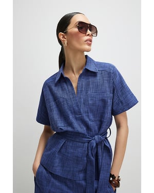 River Island Womens Top Navy Linen Look Belted Short Sleeve