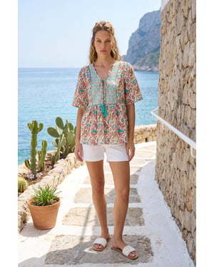 Floral Print Tassel Neck Top