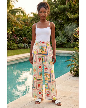 Fruit Print Tie Waist Stretch Trouser